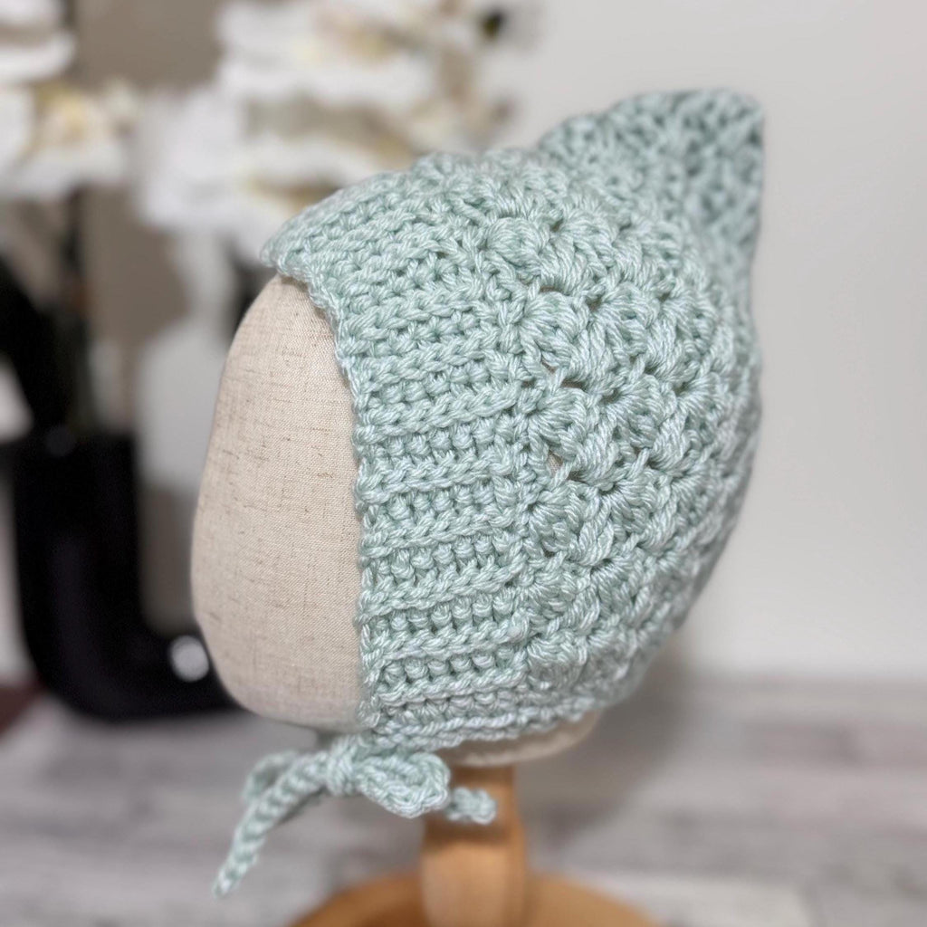 Toddler Pixie Bonnet Hat: Secure Tie, Warm Ear Coverage Handmade Crochet Baby Bonnet - light mint color