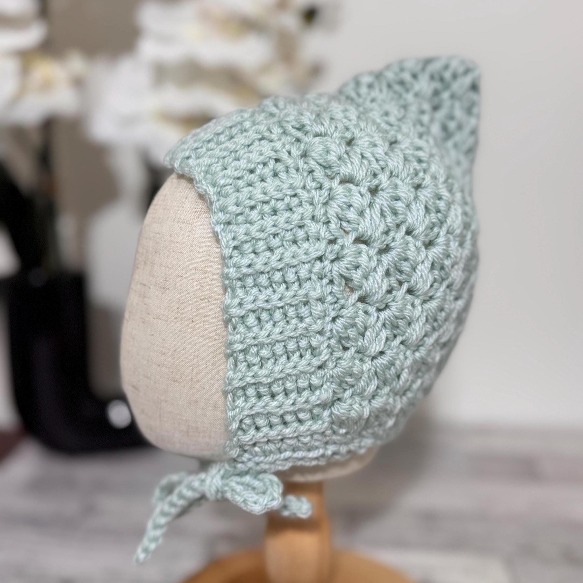 Toddler Pixie Bonnet Hat: Secure Tie, Warm Ear Coverage Handmade Crochet Baby Bonnet - light mint color