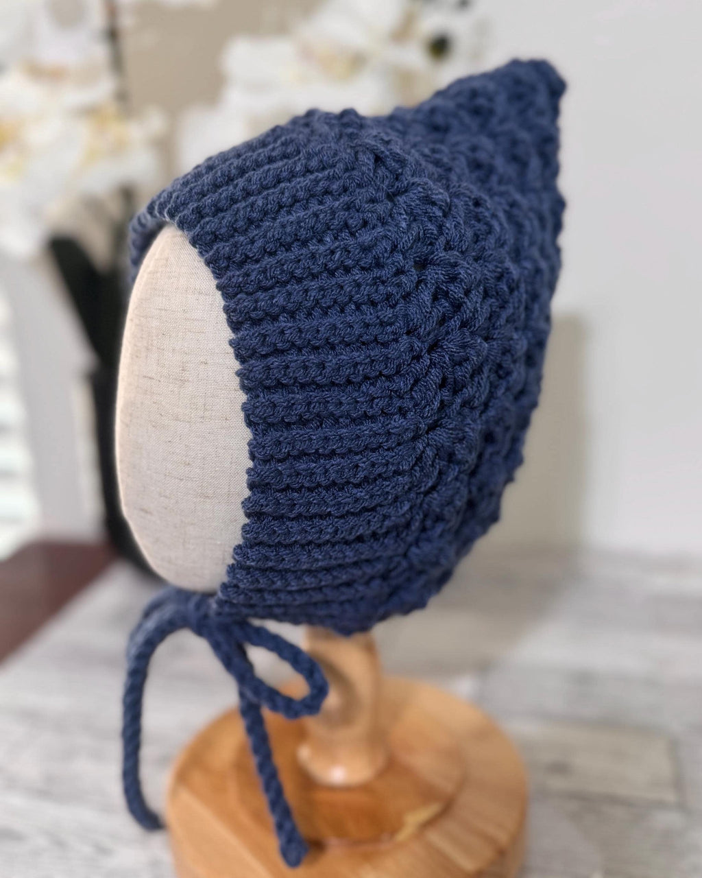 Baby Pixie Bonnet Hat: Secure Tie, Warm Ear Coverage Handmade Crochet Toddler Bonnet - almond color