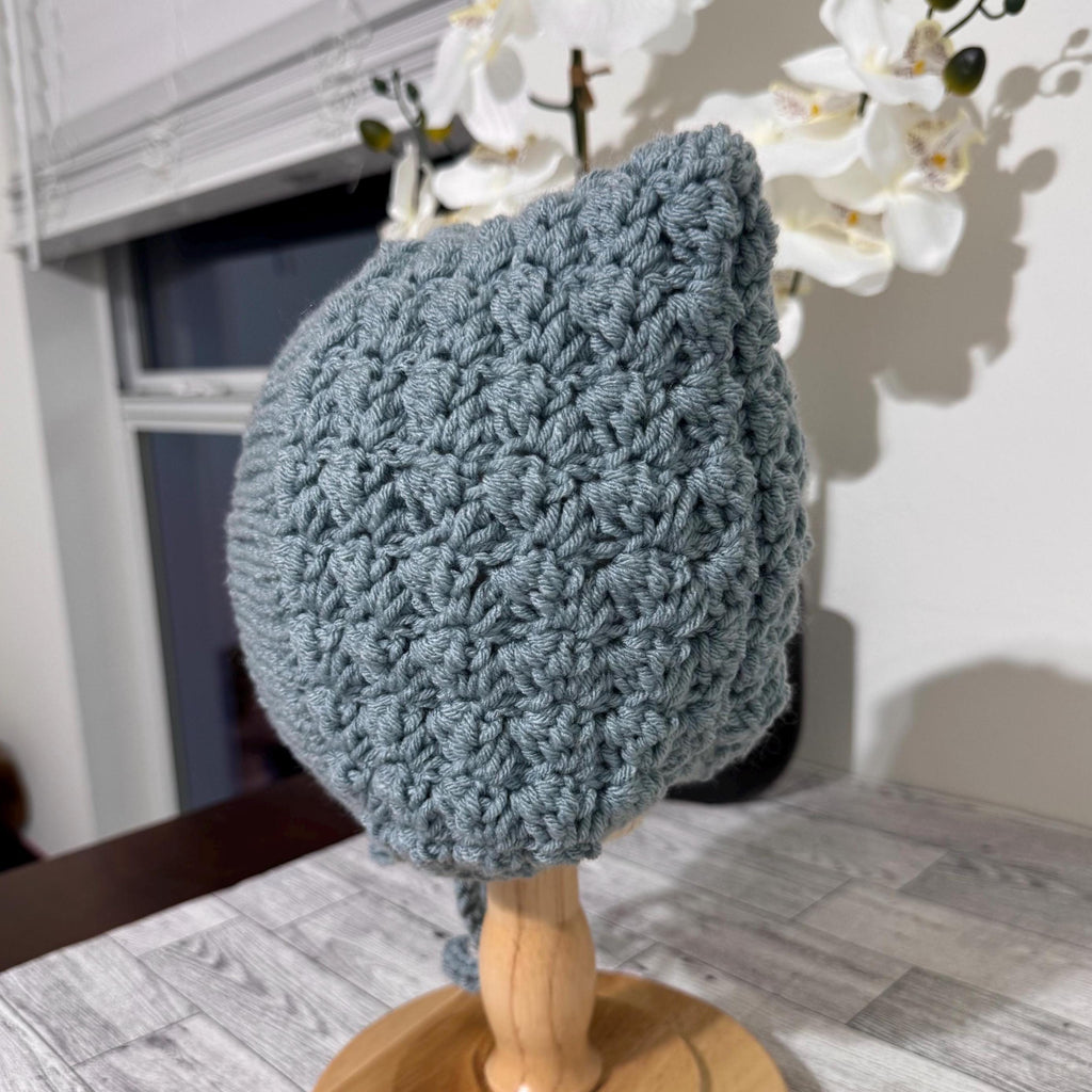 Baby Pixie Bonnet Hat: Secure Tie, Warm Ear Coverage Handmade Crochet Toddler Bonnet - almond color