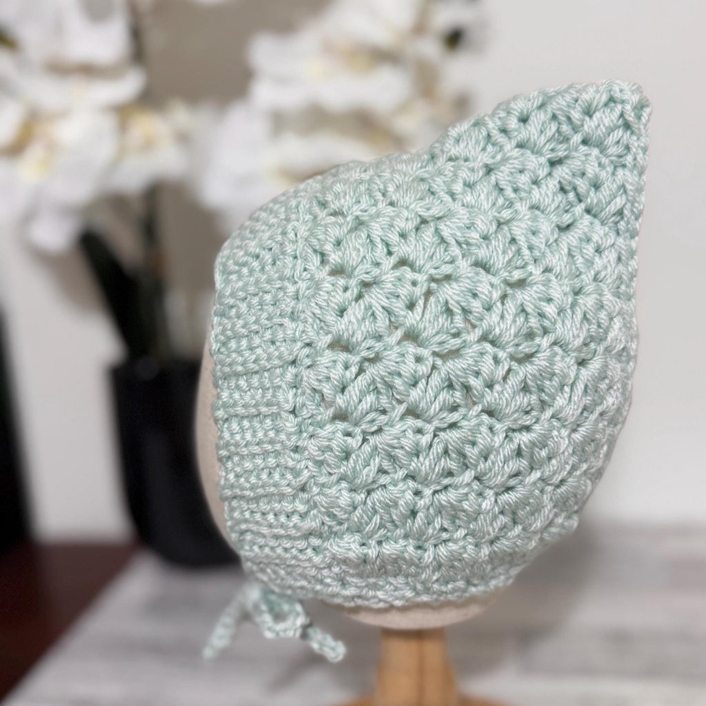 Toddler Pixie Bonnet Hat: Secure Tie, Warm Ear Coverage Handmade Crochet Baby Bonnet - light mint color
