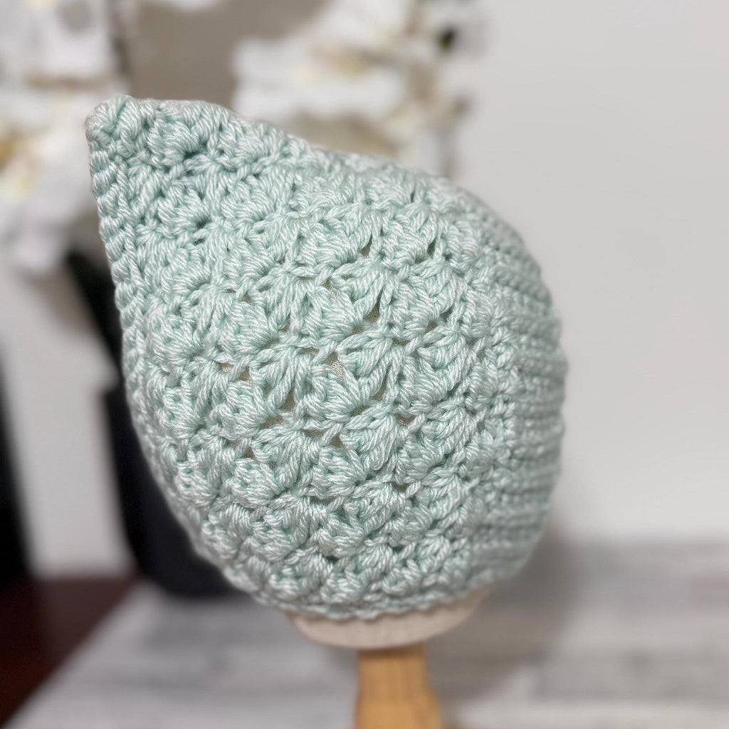Toddler Pixie Bonnet Hat: Secure Tie, Warm Ear Coverage Handmade Crochet Baby Bonnet - light mint color