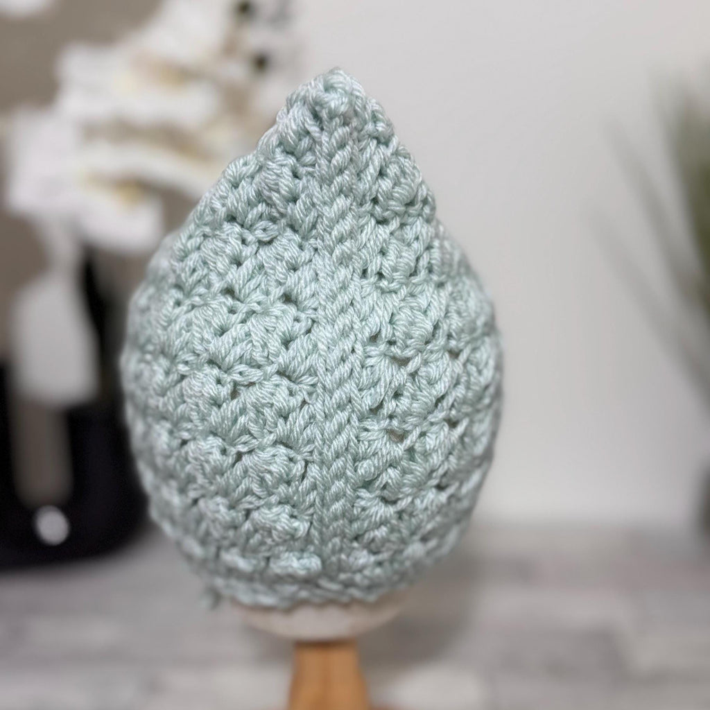 Toddler Pixie Bonnet Hat: Secure Tie, Warm Ear Coverage Handmade Crochet Baby Bonnet - light mint color