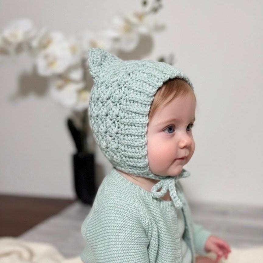 Toddler Pixie Bonnet Hat: Secure Tie, Warm Ear Coverage Handmade Crochet Baby Bonnet - light mint color