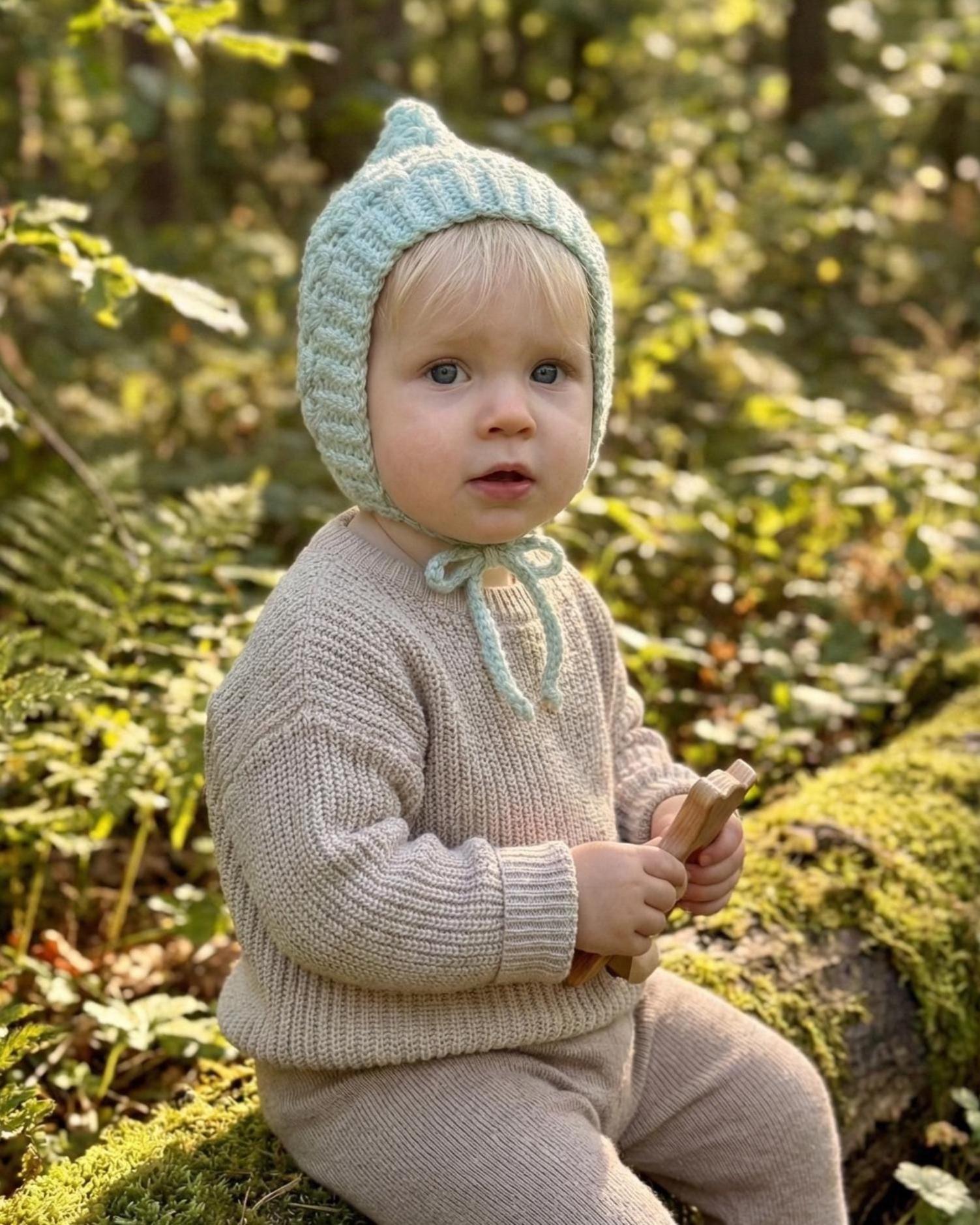 Toddler Pixie Bonnet Hat: Secure Tie, Warm Ear Coverage Handmade Crochet Baby Bonnet - light mint color