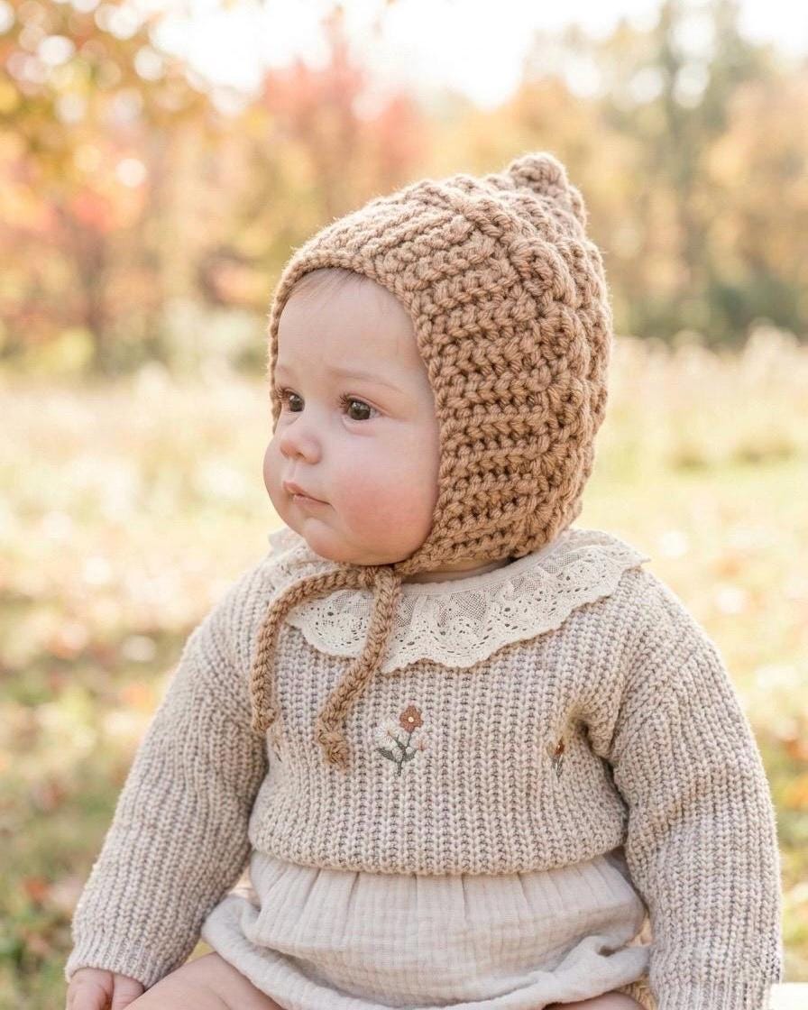 Baby Pixie Bonnet Hat: Secure Tie, Warm Ear Coverage Handmade Crochet Toddler Bonnet - almond color