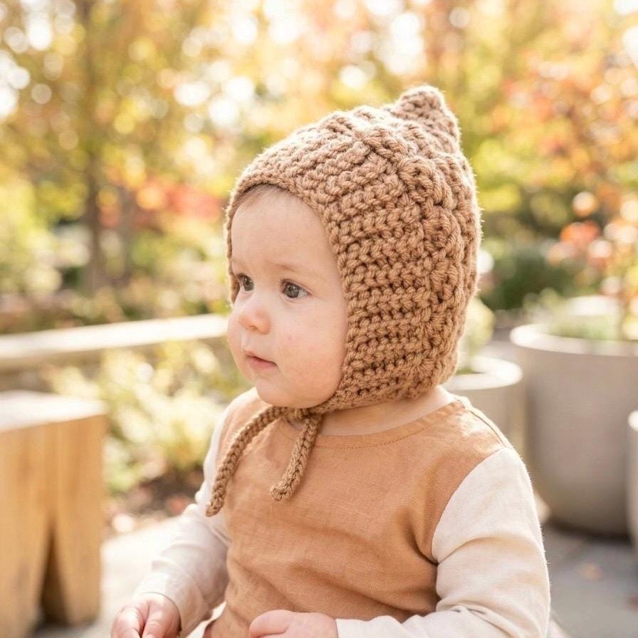 Baby Pixie Bonnet Hat: Secure Tie, Warm Ear Coverage Handmade Crochet Toddler Bonnet - almond color