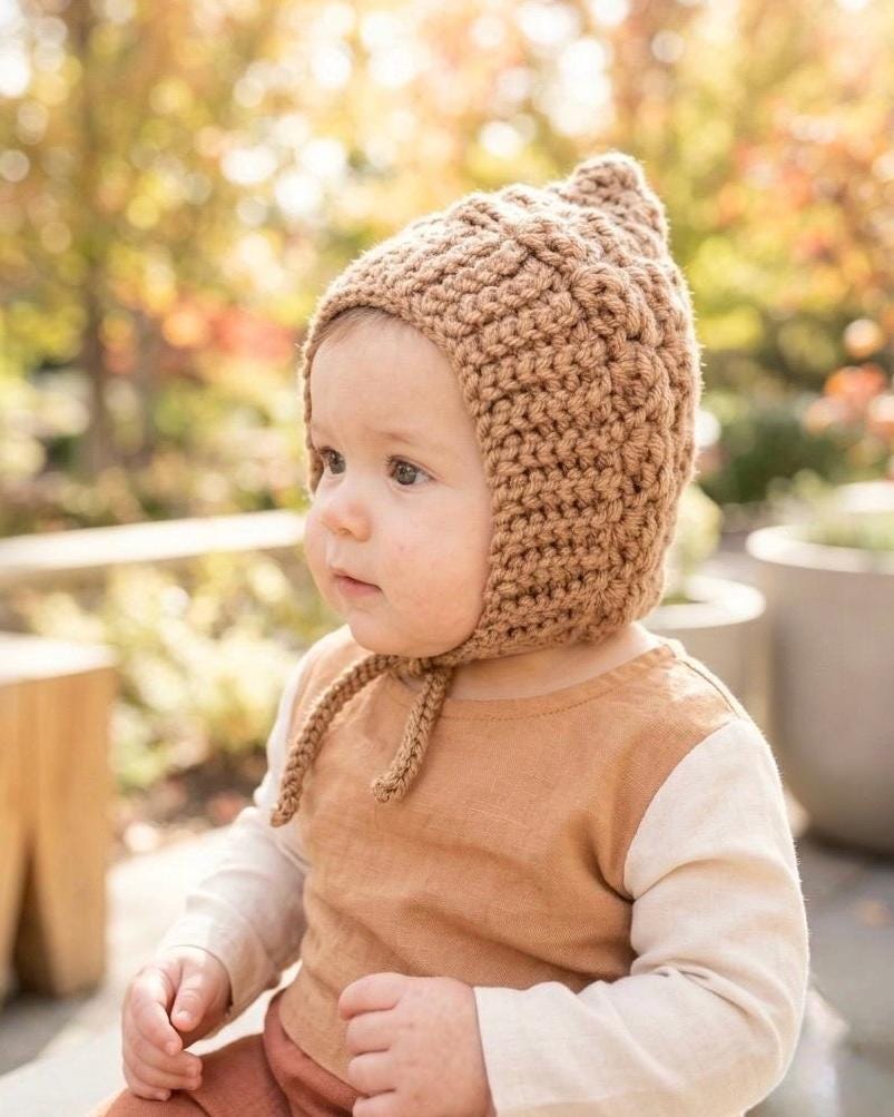 Baby Pixie Bonnet Hat: Secure Tie, Warm Ear Coverage Handmade Crochet Toddler Bonnet - almond color