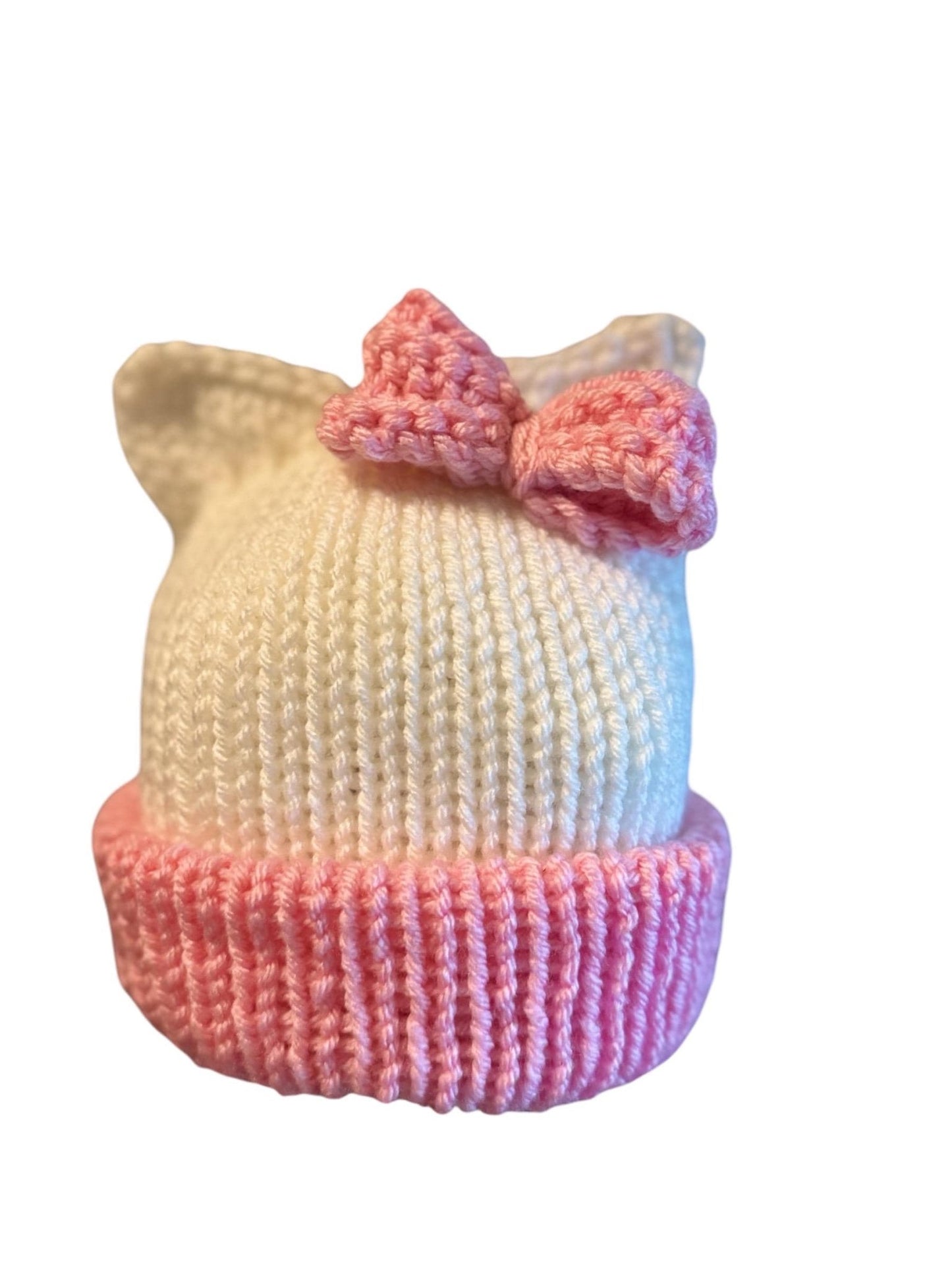 Kitty ears beanie hat, white and pink beanie hat with cat ears - Sizes newborn to adult. - Lilly Grace Sparkle Boutique