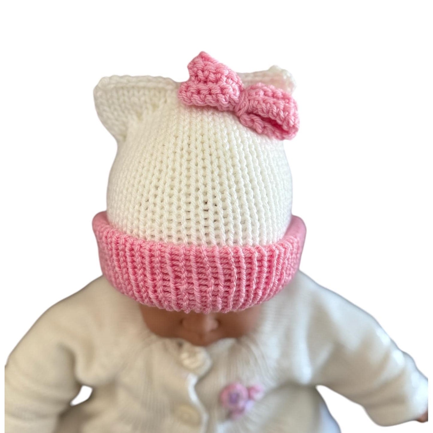 Kitty ears beanie hat, white and pink beanie hat with cat ears - Sizes newborn to adult. - Lilly Grace Sparkle Boutique