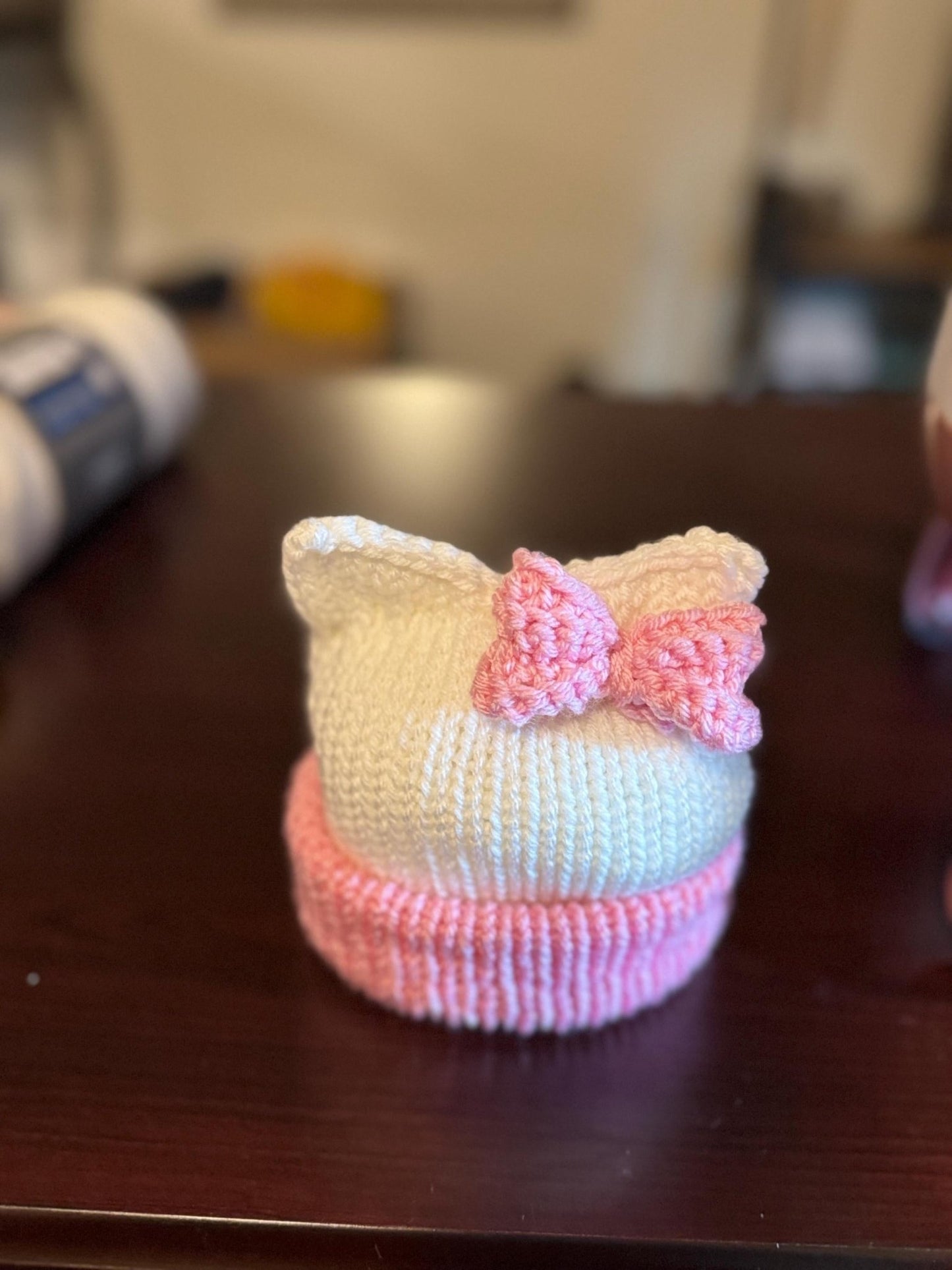 Kitty ears beanie hat, white and pink beanie hat with cat ears - Sizes newborn to adult. - Lilly Grace Sparkle Boutique