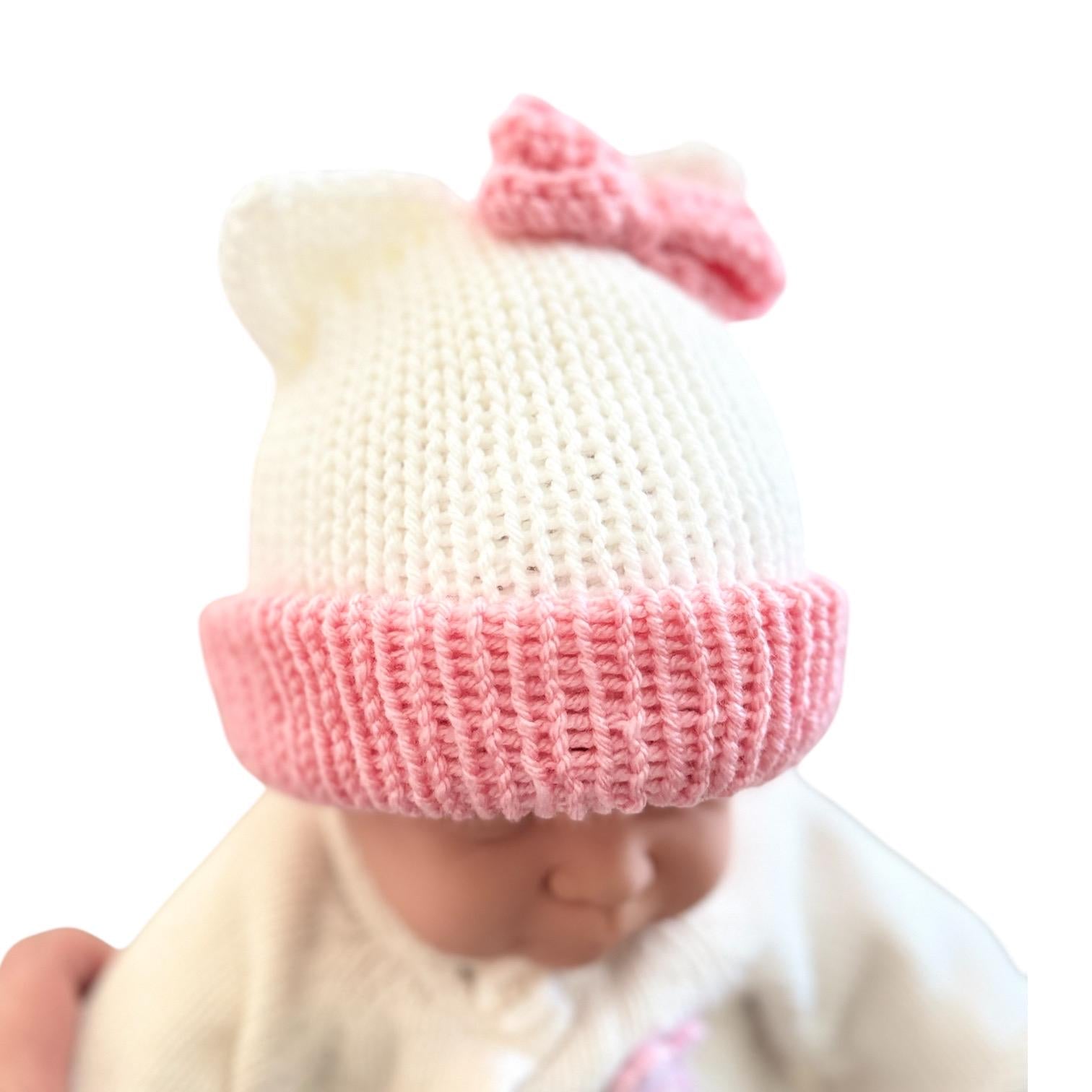 Kitty ears beanie hat, white and pink beanie hat with cat ears - Sizes newborn to adult. - Lilly Grace Sparkle Boutique