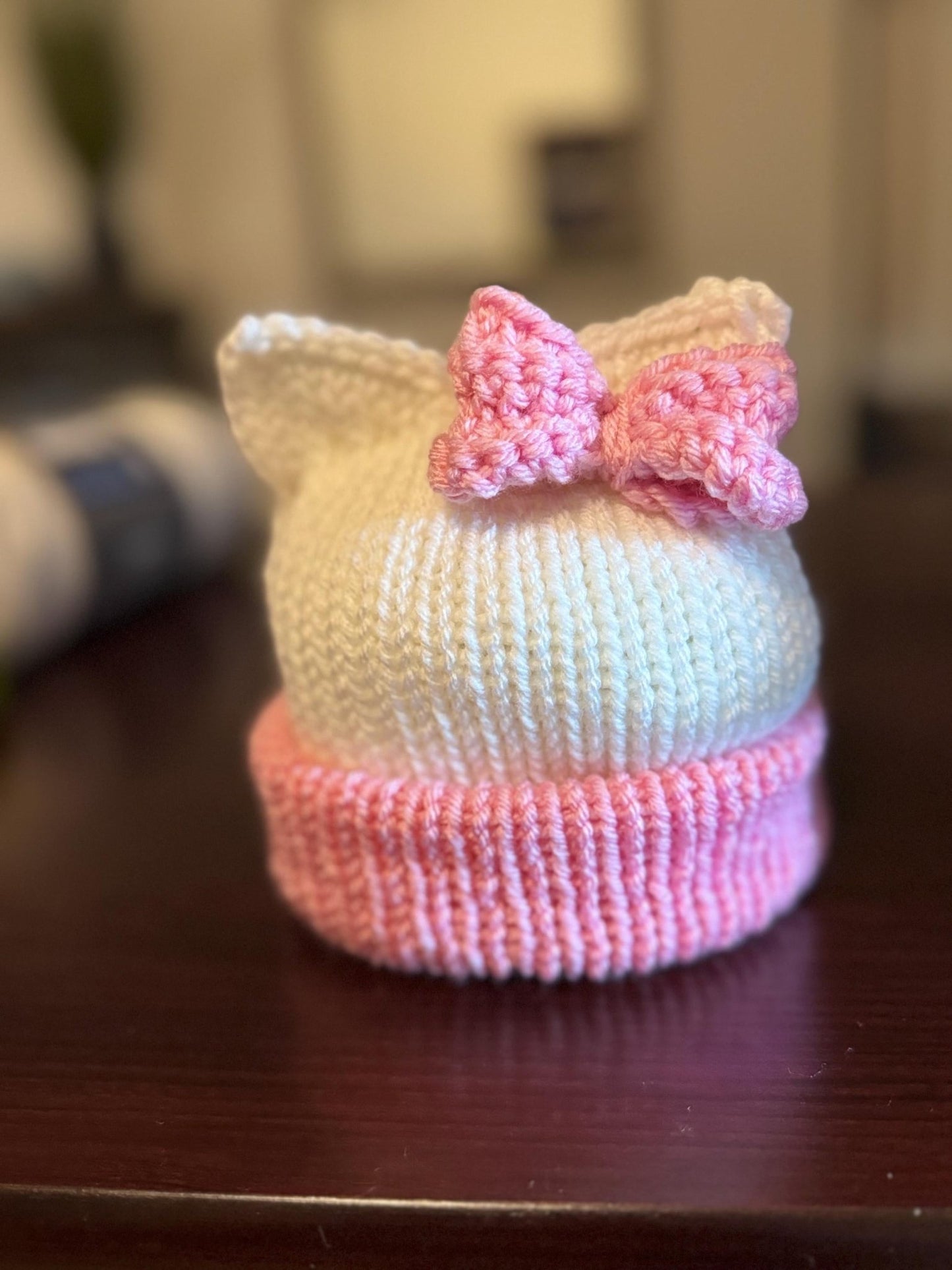 Kitty ears beanie hat, white and pink beanie hat with cat ears - Sizes newborn to adult. - Lilly Grace Sparkle Boutique