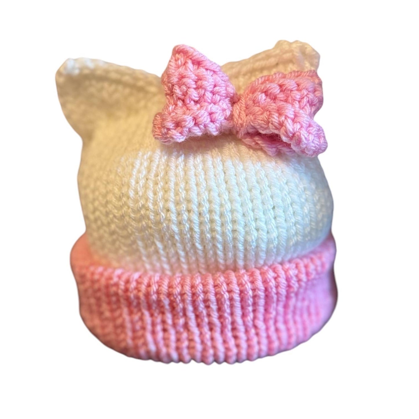 Kitty ears beanie hat, white and pink beanie hat with cat ears - Sizes newborn to adult. - Lilly Grace Sparkle Boutique