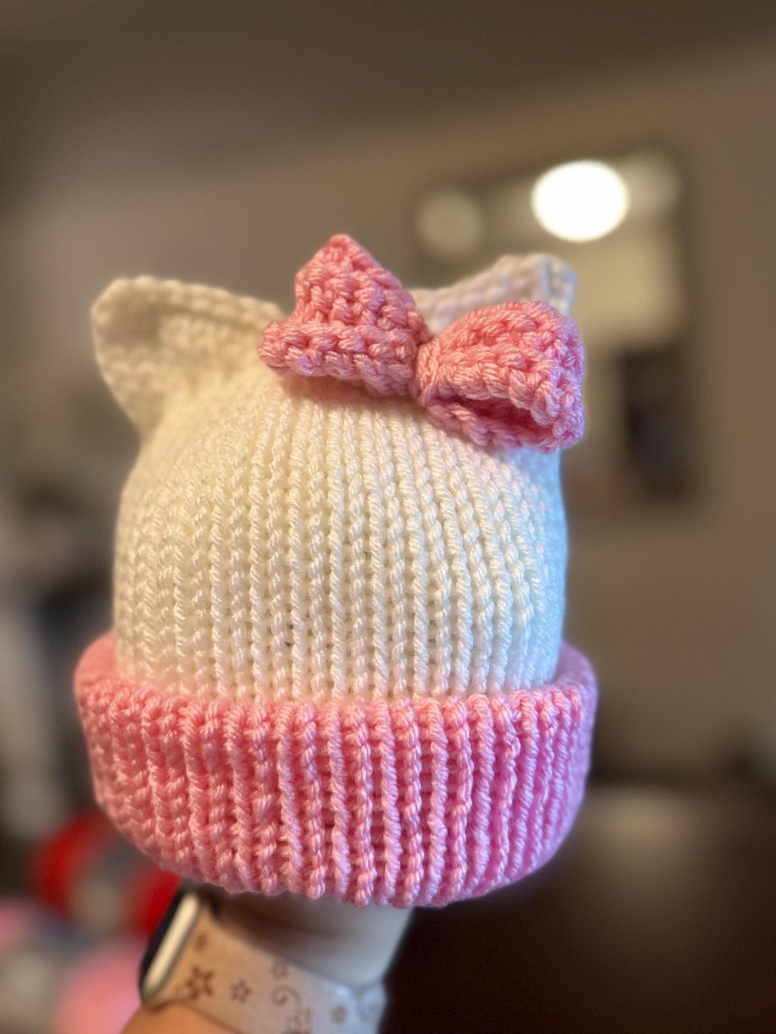 Kitty ears beanie hat, white and pink beanie hat with cat ears - Sizes newborn to adult. - Lilly Grace Sparkle Boutique