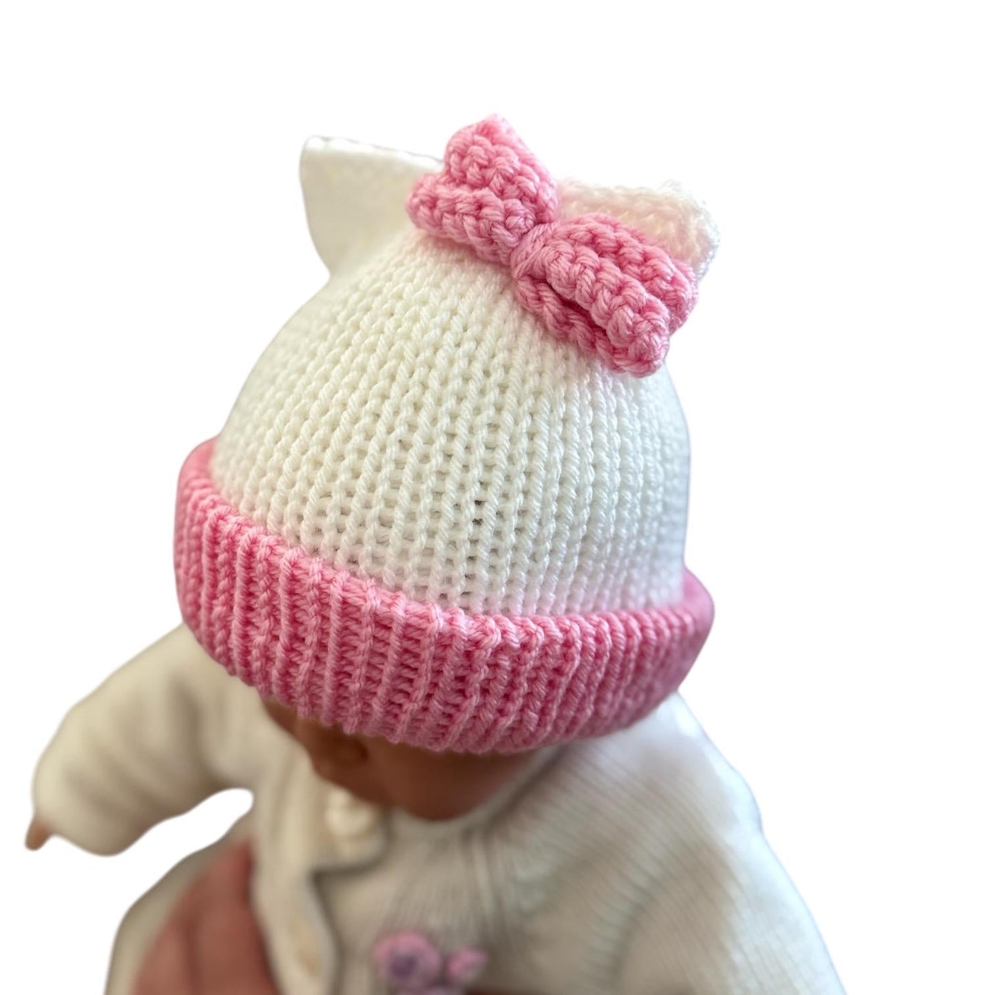 Kitty ears beanie hat, white and pink beanie hat with cat ears - Sizes newborn to adult. - Lilly Grace Sparkle Boutique