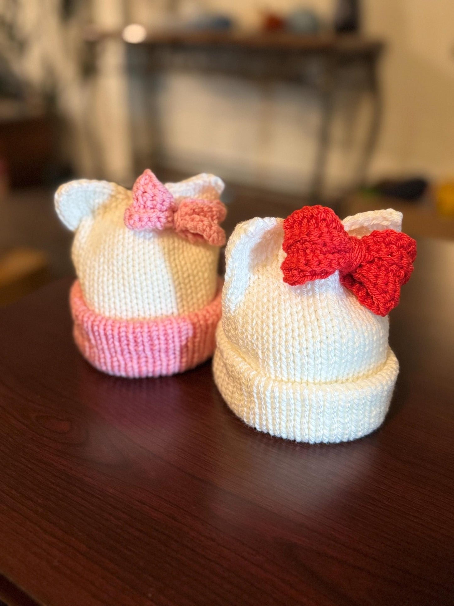 Kitty ears beanie hat, white and red beanie hat with cat ears - Sizes newborn to adult. - Lilly Grace Sparkle Boutique