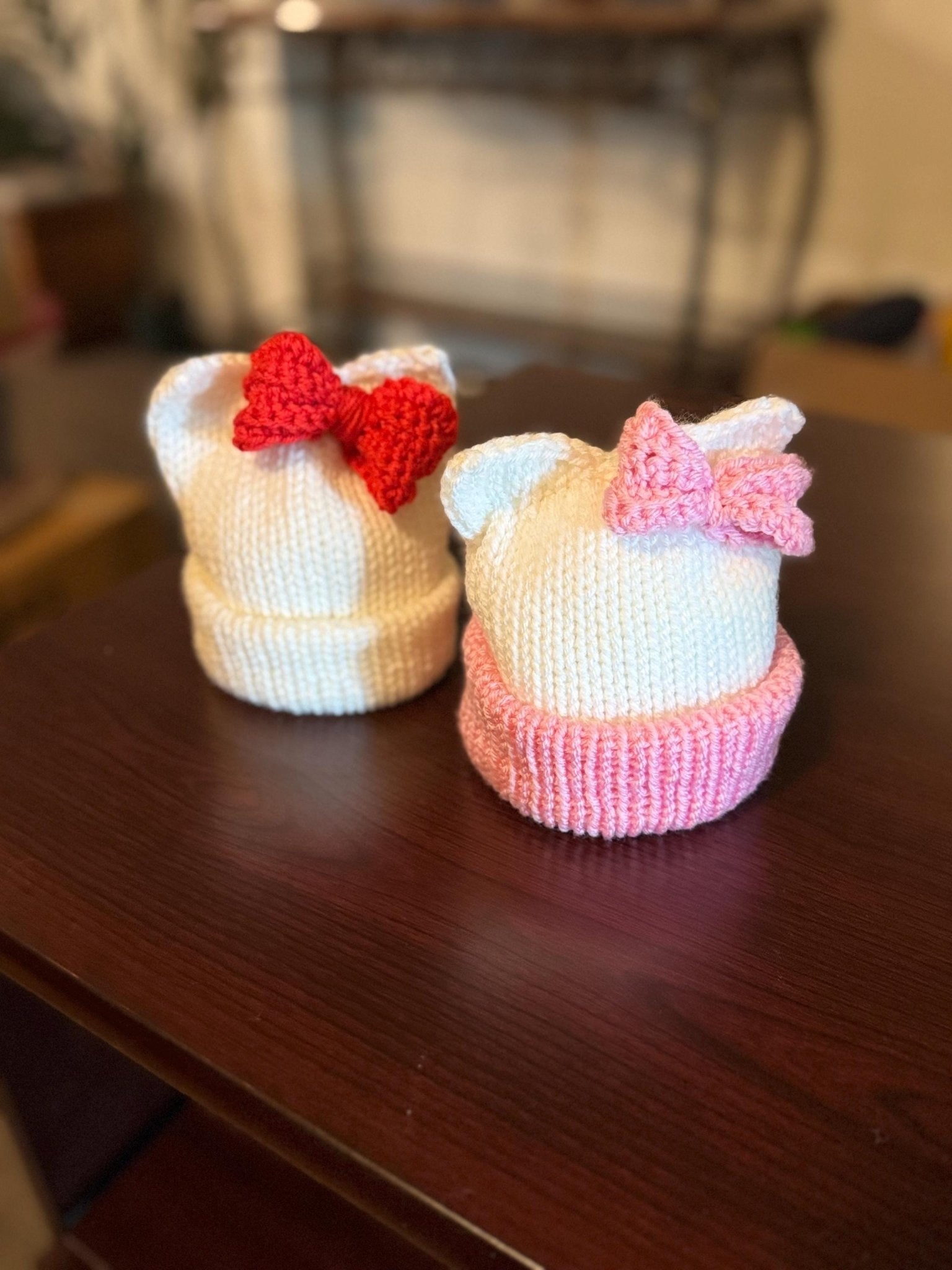 Kitty ears beanie hat, white and red beanie hat with cat ears - Sizes newborn to adult. - Lilly Grace Sparkle Boutique