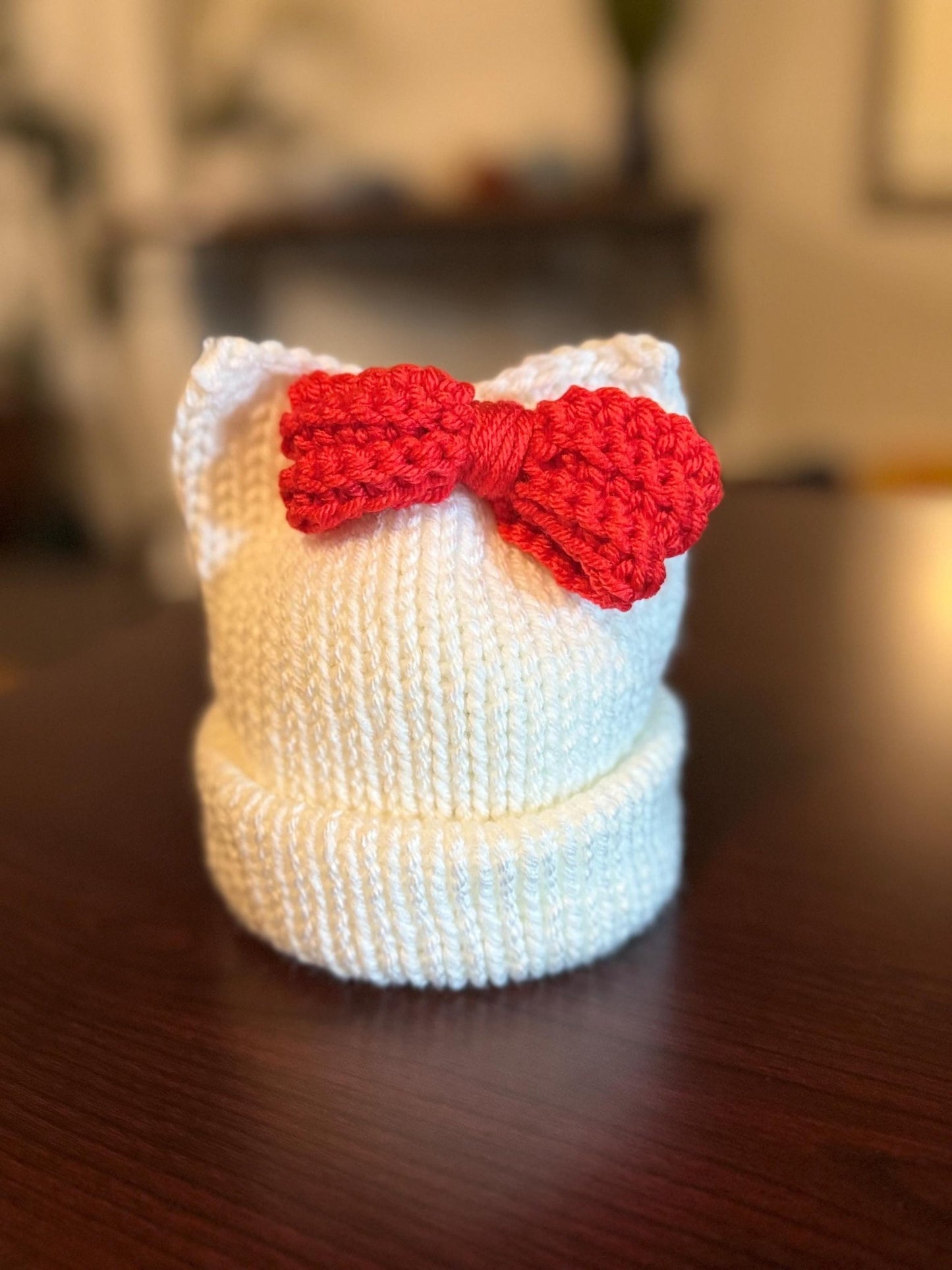 Kitty ears beanie hat, white and red beanie hat with cat ears - Sizes newborn to adult. - Lilly Grace Sparkle Boutique