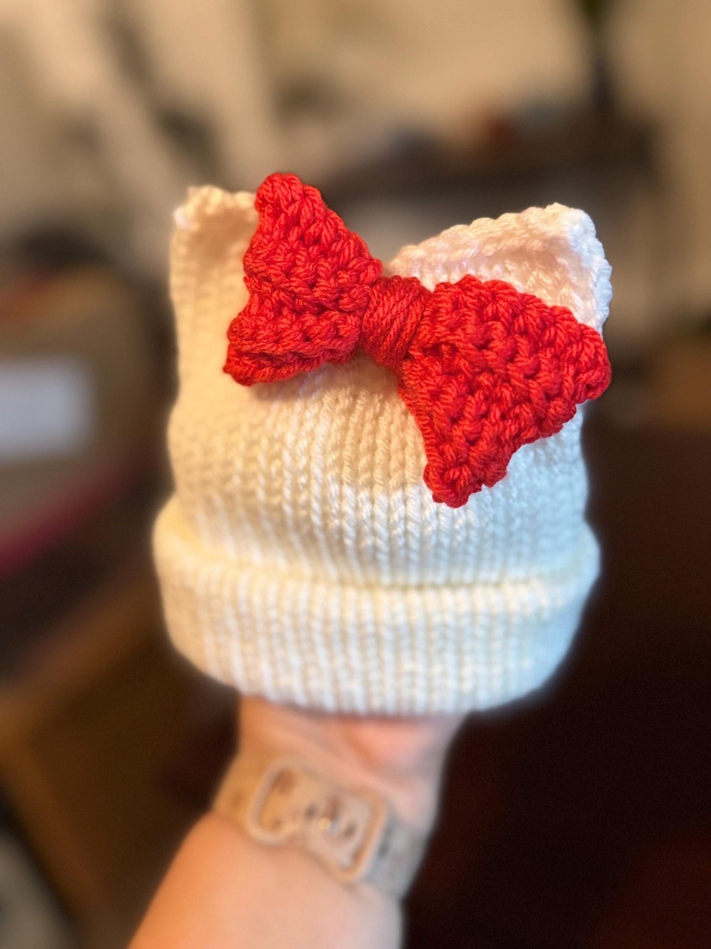 Kitty ears beanie hat, white and red beanie hat with cat ears - Sizes newborn to adult. - Lilly Grace Sparkle Boutique