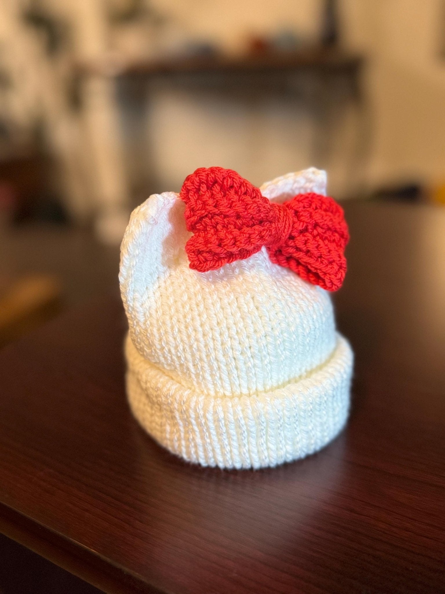 Kitty ears beanie hat, white and red beanie hat with cat ears - Sizes newborn to adult. - Lilly Grace Sparkle Boutique