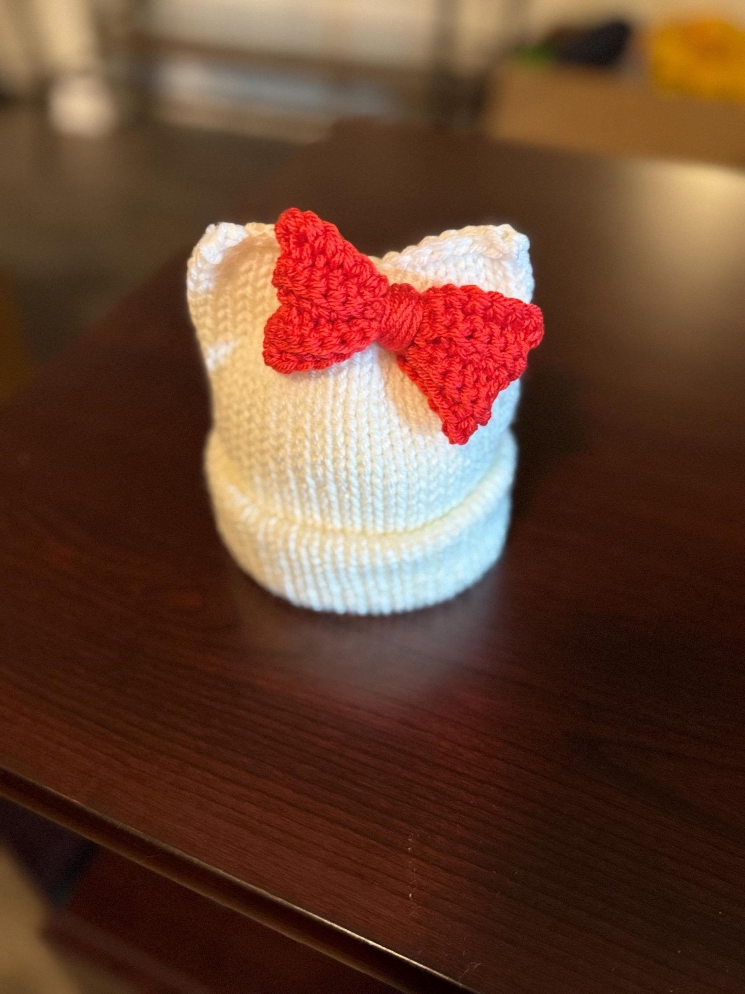 Kitty ears beanie hat, white and red beanie hat with cat ears - Sizes newborn to adult. - Lilly Grace Sparkle Boutique