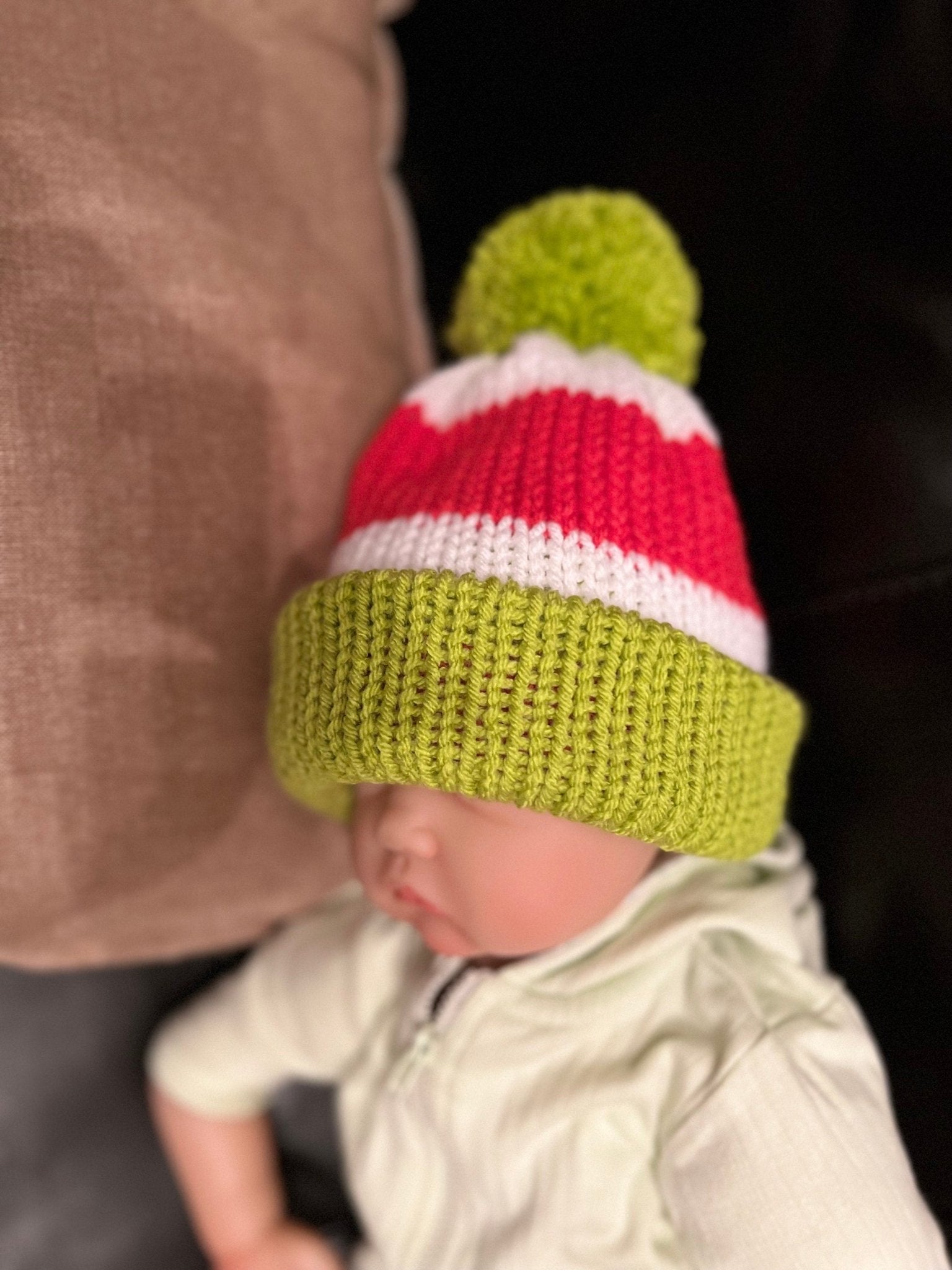 Newborn baby Christmas beanie hat with pompom , red - white - lime green colored, sizes newborn to adult, Grinch hat, baby Grinch hat with pom - Lilly Grace Sparkle Boutique