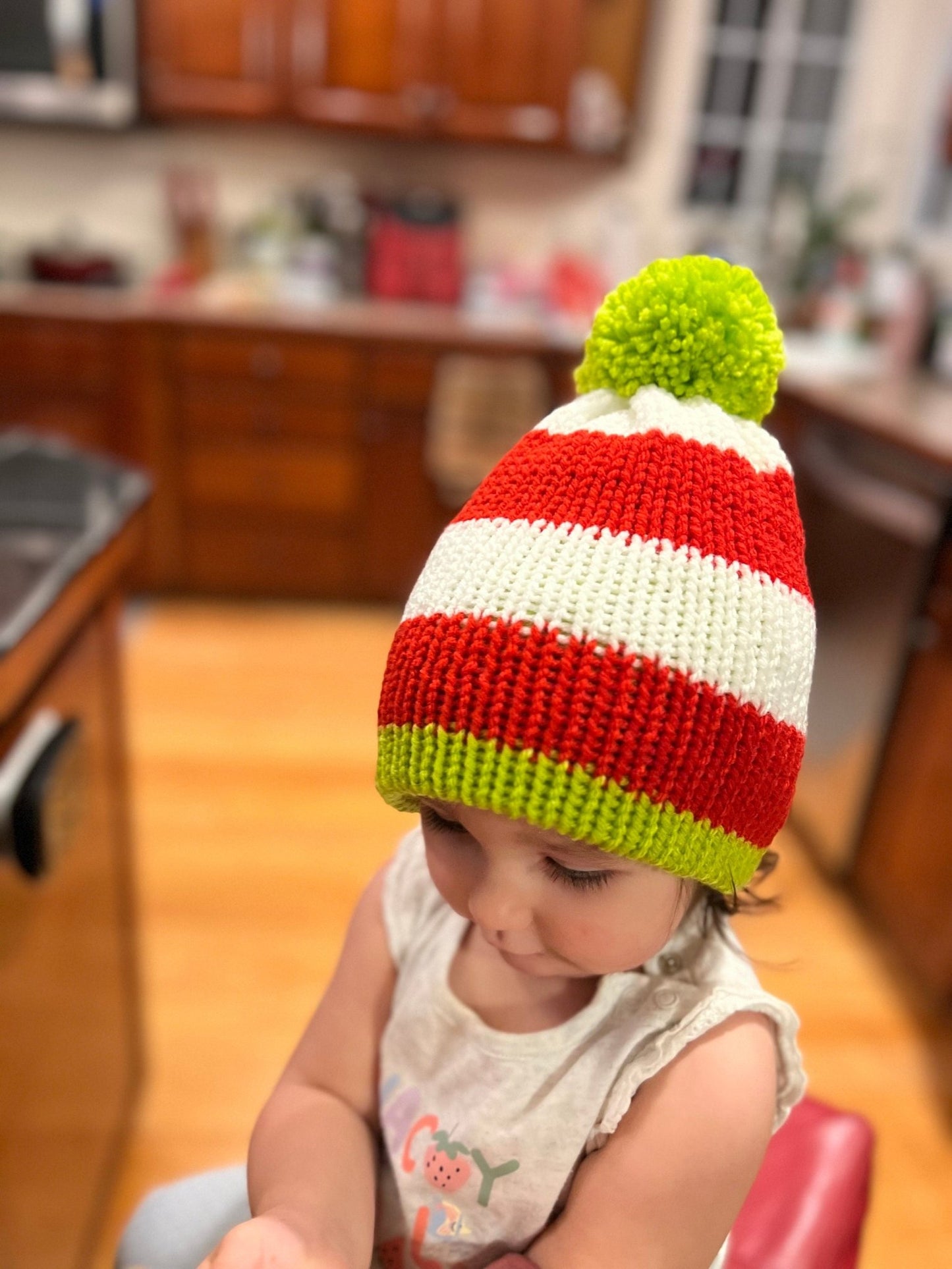 Newborn baby Christmas beanie hat with pompom , red - white - lime green colored, sizes newborn to adult, Grinch hat, baby Grinch hat with pom - Lilly Grace Sparkle Boutique