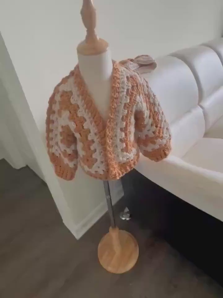 Handmade Crochet Sweater Cardigan and Headband Set for Toddler Girl, size 2-4 years old, beige and brown color combo