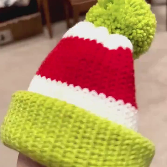 Christmas beanie hat, red-white- lime green colored, sizes newborn to adult, Grinch hat, baby Grinch hat, woman’s grinch hat, toddler beanie