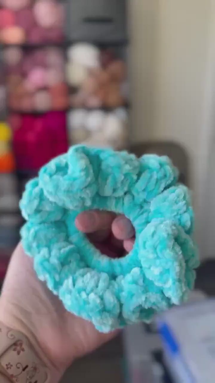 Soft hair scrunchie made from soft velvety yarn- in aqua blue color