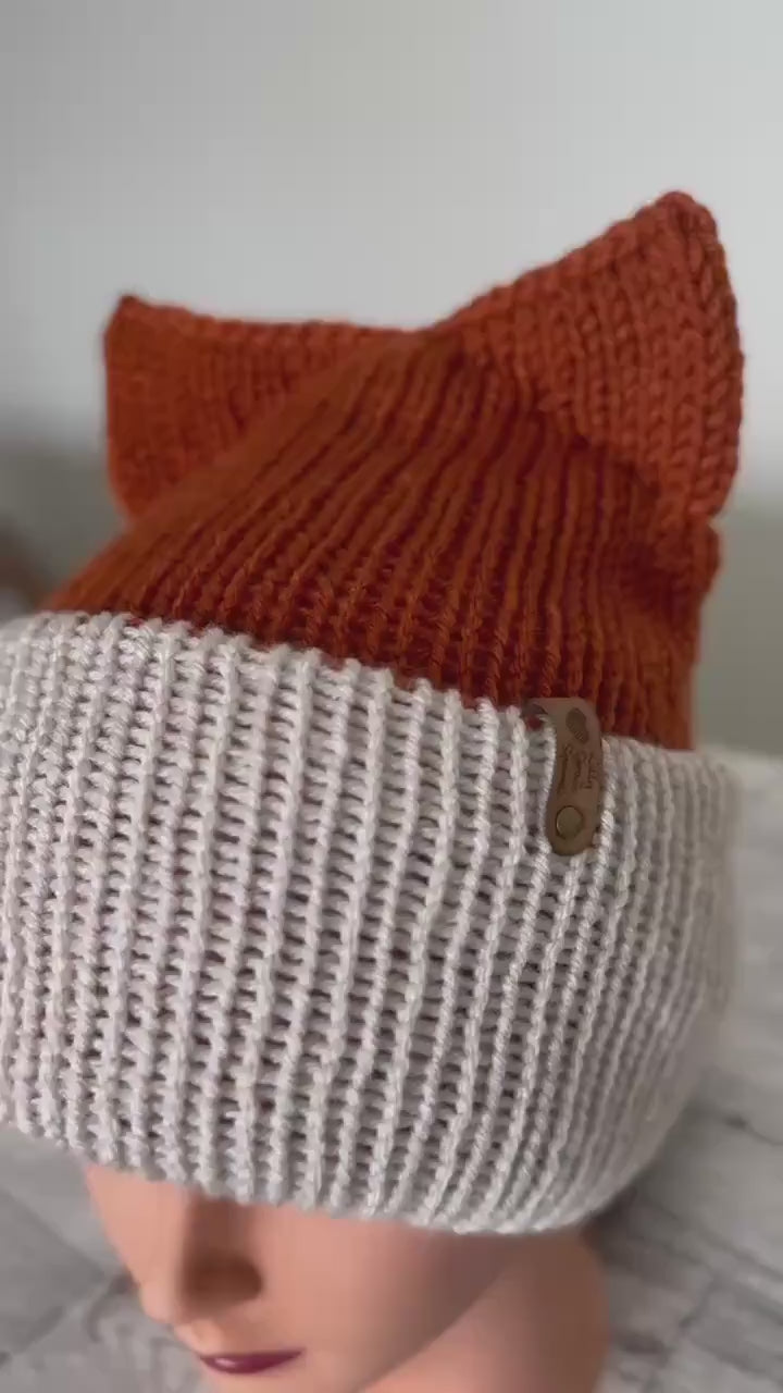 Fox Ears knitted beanie hat Adult Size Winter Hat Soft Knitted double layer