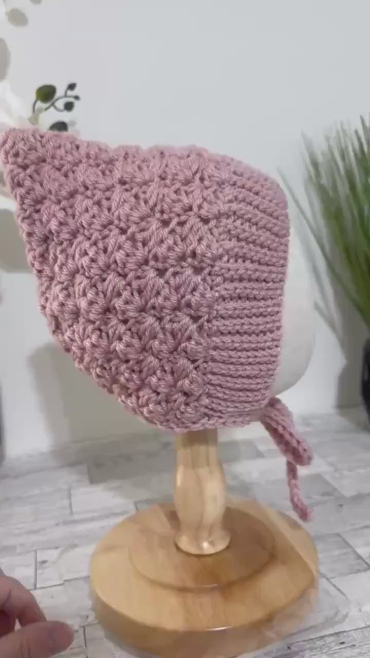 Baby Pixie Bonnet Hat: Secure Tie, Warm Ear Coverage Handmade Crochet Toddler Bonnet - Rose Pink color