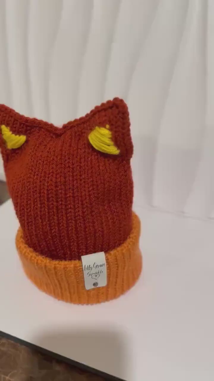 Red Healer Dog Hat with Ears Handmade Knit Beanie Double Layer Winter Baby Hat with Wide Brim for Babies & Toddlers