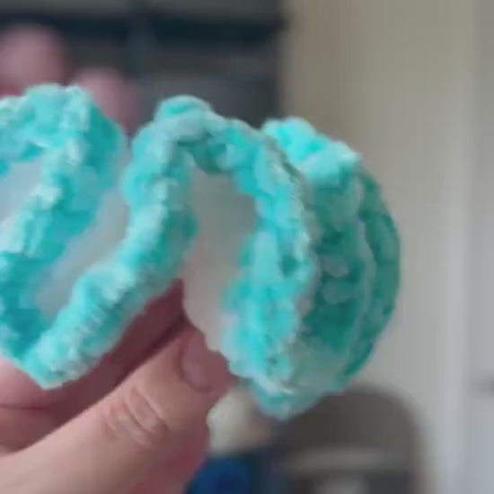 Extra large soft hair scrunchie made from soft velvety yarn- white and aqua blue color