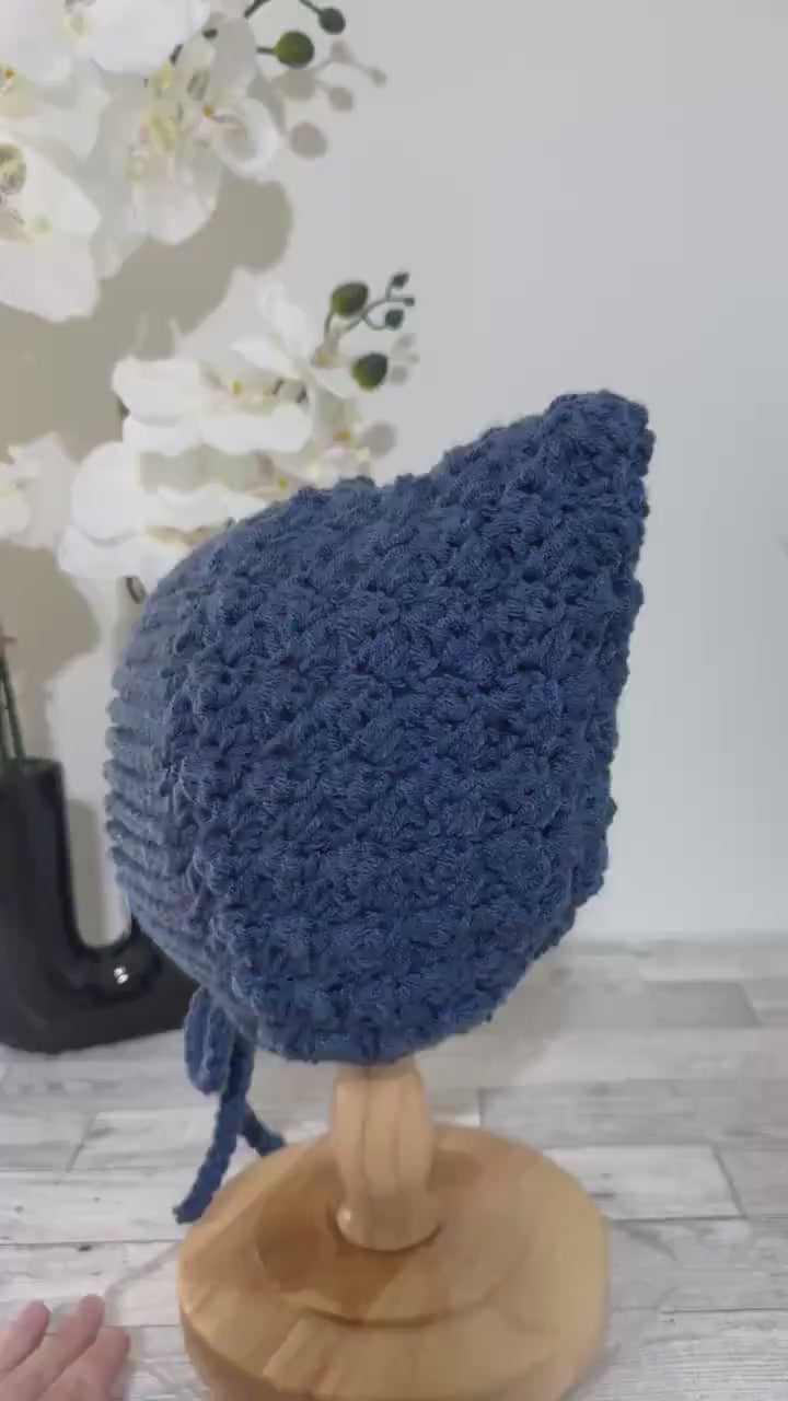 Baby Pixie Bonnet Hat: Secure Tie, Warm Ear Coverage Handmade Crochet Toddler Bonnet - Country Blue color