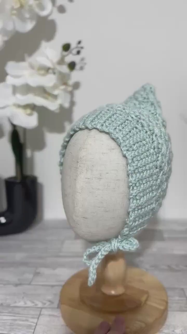 Toddler Pixie Bonnet Hat: Secure Tie, Warm Ear Coverage Handmade Crochet Baby Bonnet - light mint color
