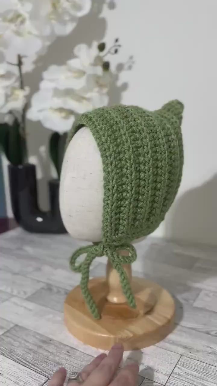 Baby Pixie Bonnet Hat: Secure Tie, Warm Ear Coverage Handmade Crochet Toddler Bonnet - sage green color