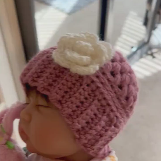 Baby girl hat, crochet hat for baby girl dusty rose pink with white crochet flower, fall or winter weather crochet hat various sizes