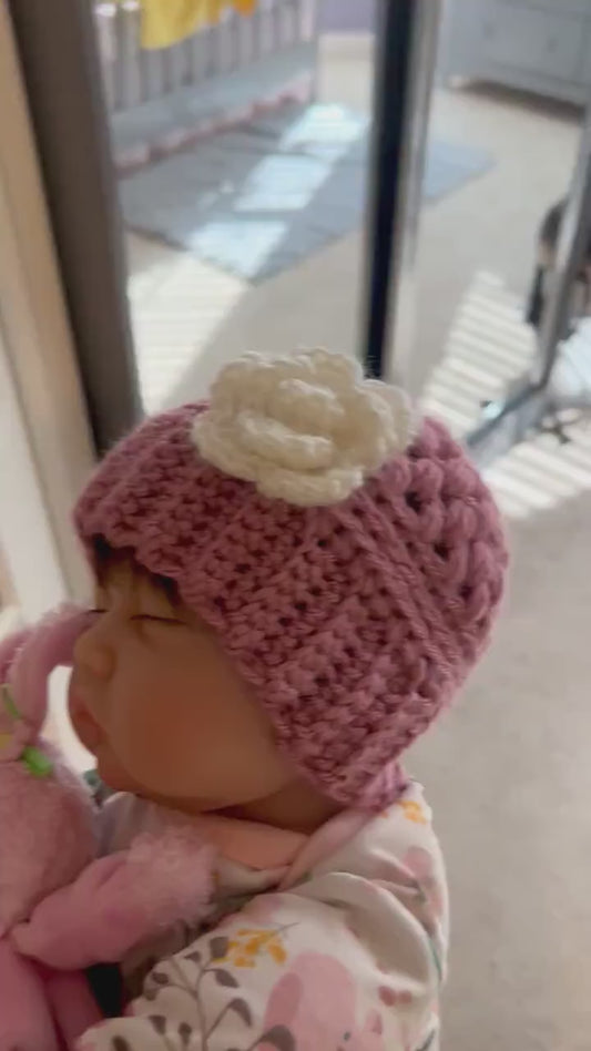 Baby girl hat, crochet hat for baby girl dusty rose pink with white crochet flower, fall or winter weather crochet hat various sizes