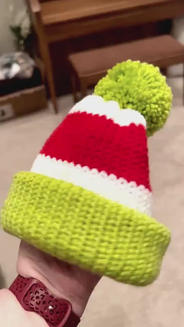 Christmas beanie hat for woman, red-white- lime green colored beanie hat with white faux fur pompom, Christmas beanie hat