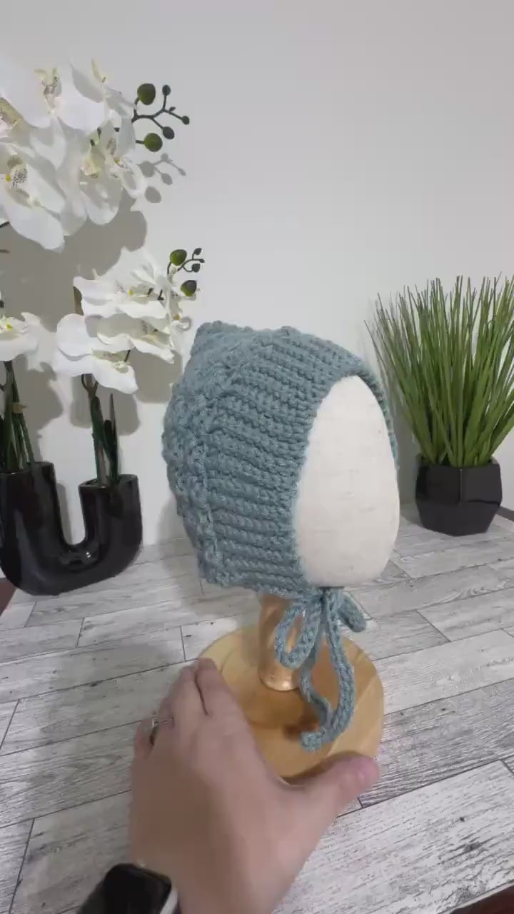 Baby Pixie Bonnet Hat: Secure Tie, Warm Ear Coverage Handmade Crochet Toddler Bonnet - Winter Sky blue color