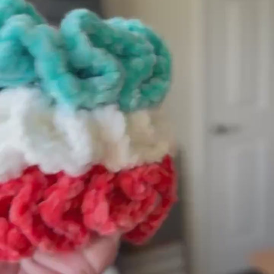 Soft hair scrunchies - set of 3- made from soft velvety yarn- in aqua blue color- white- coral orange