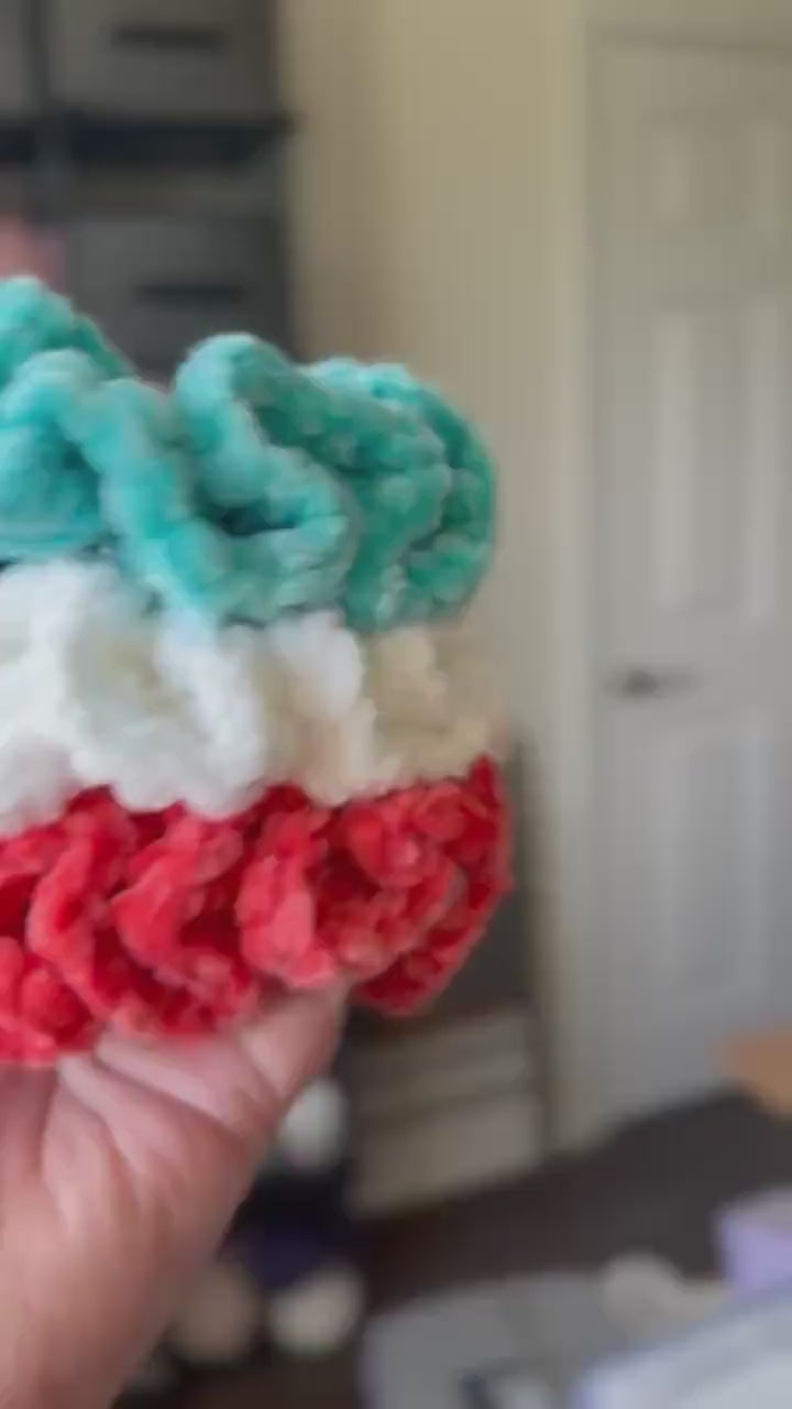 Soft hair scrunchies - set of 3- made from soft velvety yarn- in aqua blue color- white- coral orange