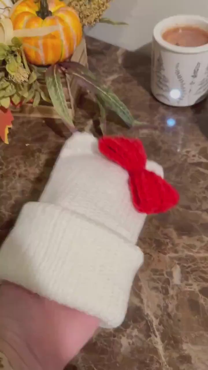 Kitty Cat Ears Beanie, White Knit Hat with Red Bow