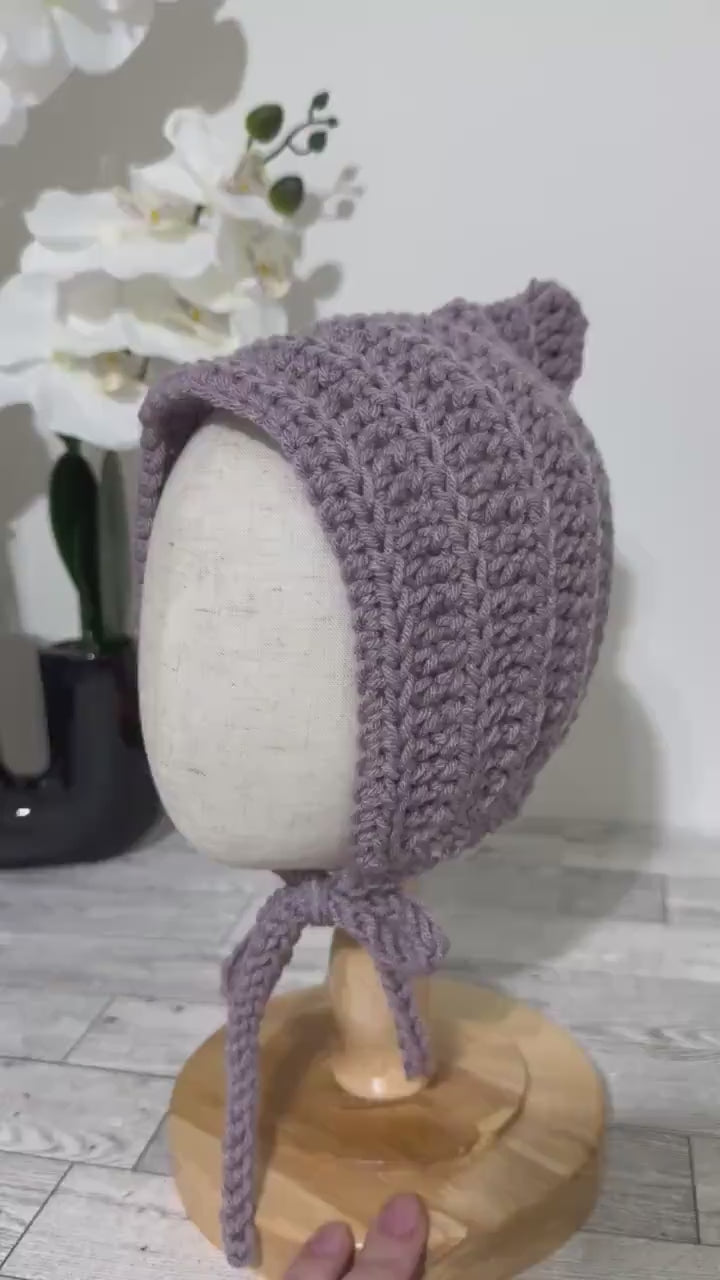 Baby Pixie Bonnet Hat: Secure Tie, Warm Ear Coverage Handmade Crochet Toddler Bonnet - Purple