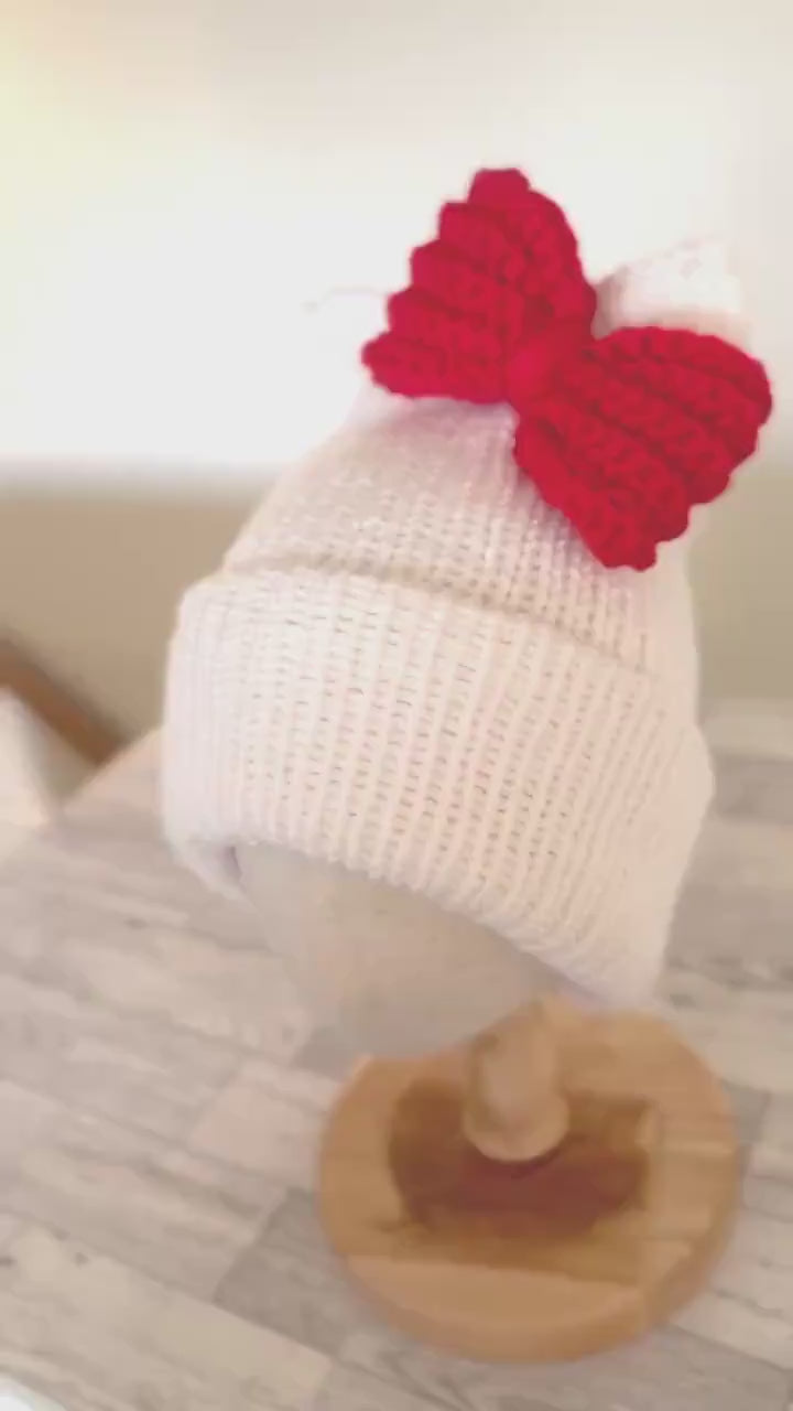 Cat Ears Beanie Hat White with Red Bow Adult Child and Baby sizes