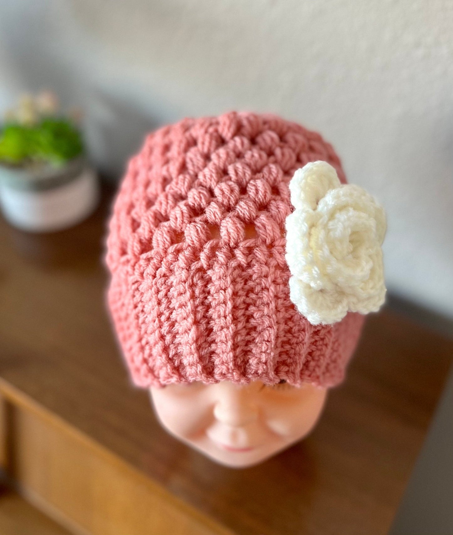 Stylish trendy crochet hat for girl, pink hat with white crochet flower, child size, “mom and me” hat set, great gift - Lilly Grace Sparkle Boutique