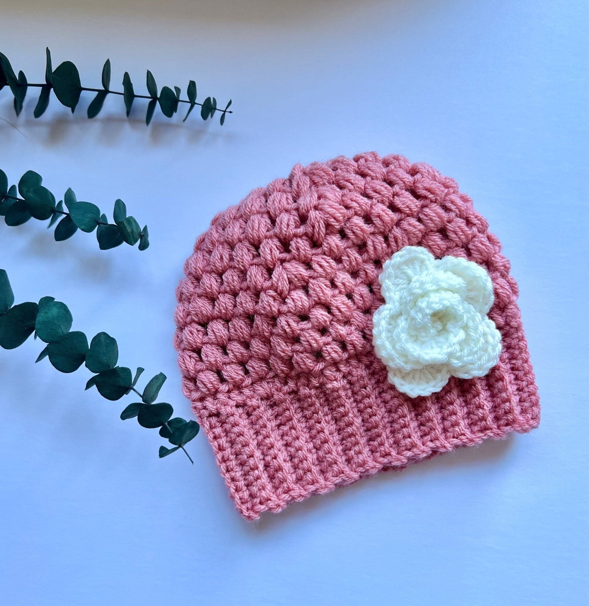 Stylish trendy crochet hat for girl, pink hat with white crochet flower, child size, “mom and me” hat set, great gift - Lilly Grace Sparkle Boutique