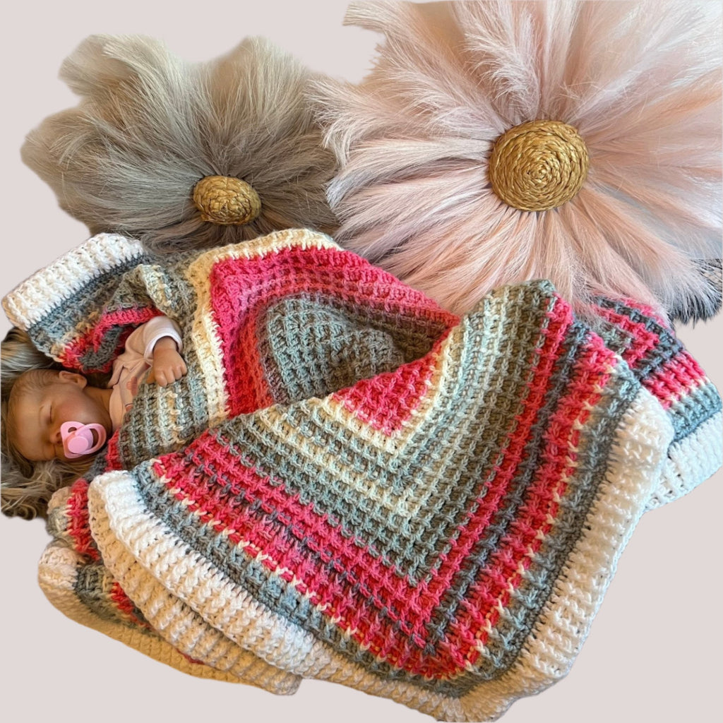 Baby blanket- 36”x36” handmade crochet waffle stitch - pink, white, and gray colors, baby shower gift, handmade heirloom baby blanket - Lilly Grace Sparkle Boutique